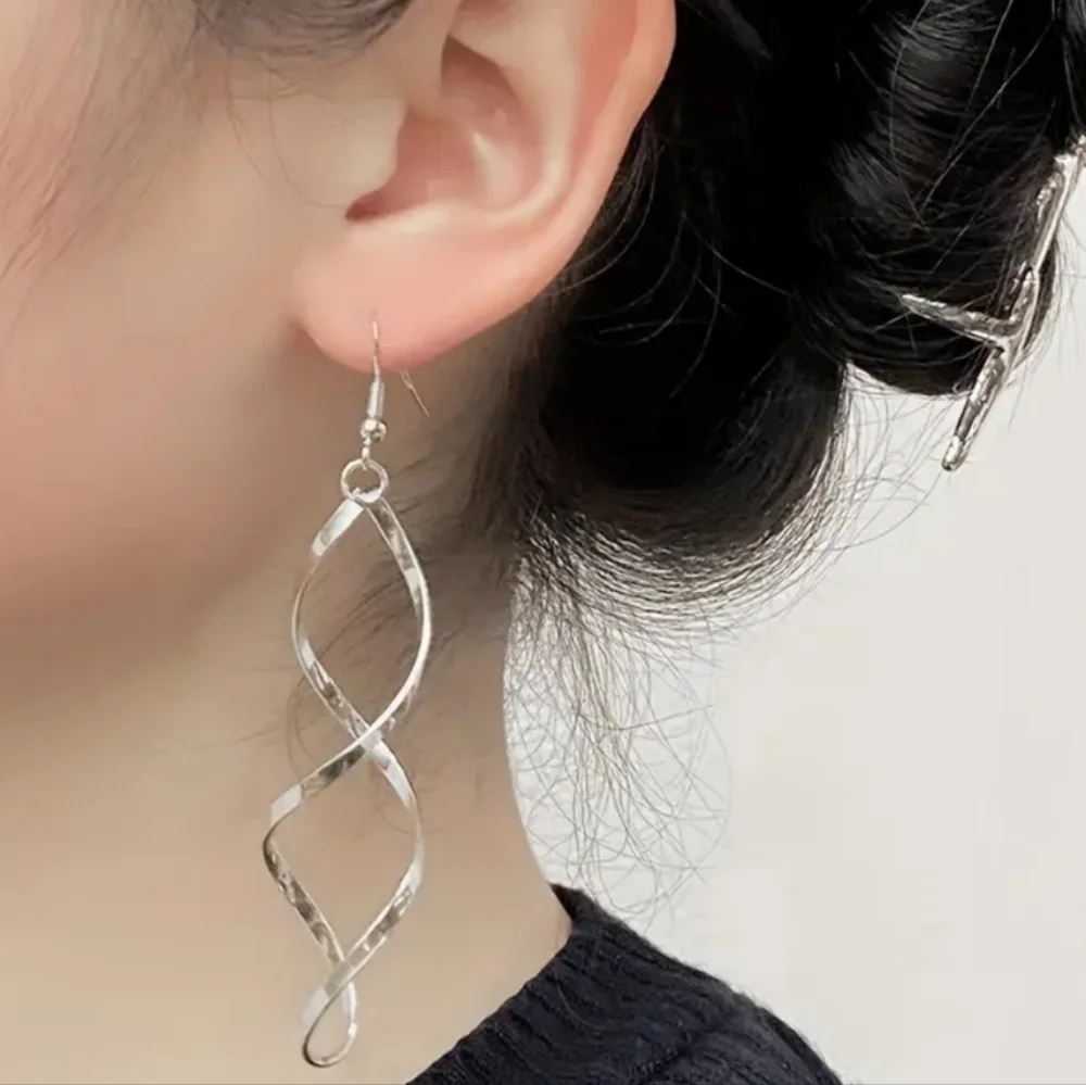 Spiral Drop Earrings. Silver Plated - Picture 2 of 3